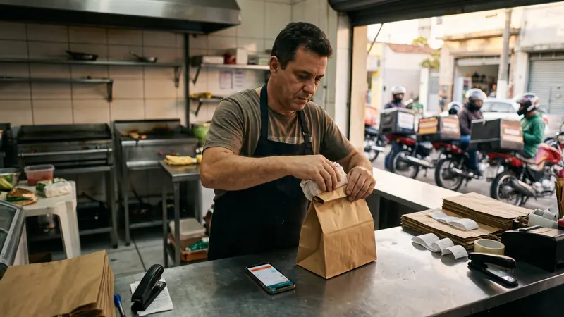 Dono de hamburgueria fechando pedido de delivery no balcão, com motos de entrega paradas na porta