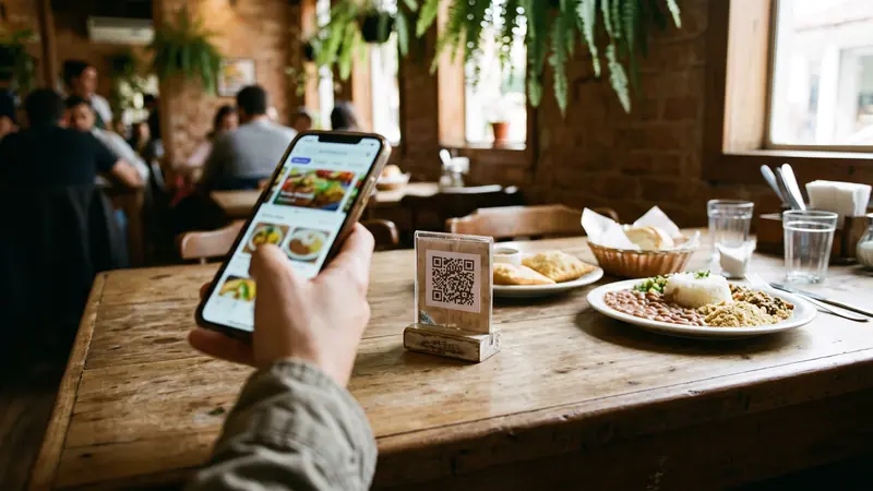 Cliente lendo o QR code da mesa e abrindo o cardápio digital no celular