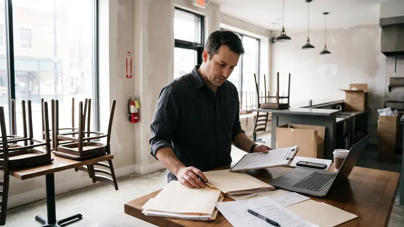 Empreendedor conferindo documentos e checklist no salão vazio antes de abrir o restaurante
