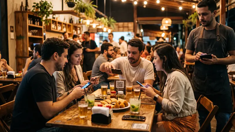 Amigos pedindo pelo celular com QR code na mesa enquanto o garçom acompanha no tablet