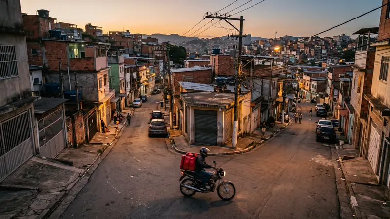 Entregador de moto cruzando um bairro ao entardecer
