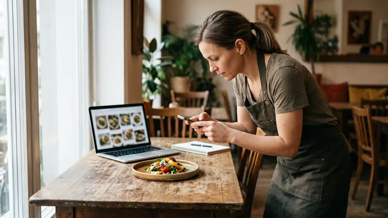 Dona de restaurante fotografando um prato com o celular para o cardápio digital