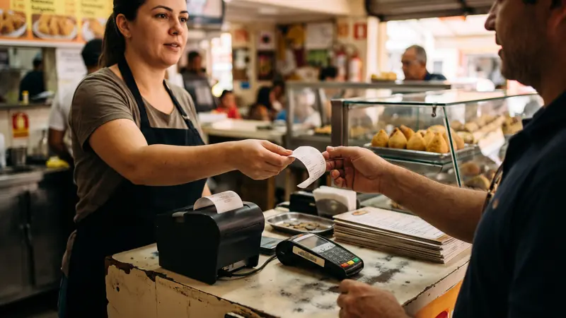 Atendente entregando o cupom fiscal impresso ao cliente no caixa do restaurante