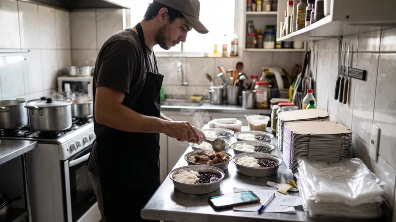 Cozinheiro montando marmitas para delivery em uma cozinha pequena