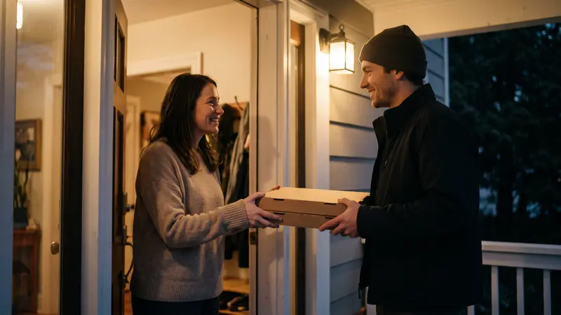 Cliente recebendo uma pizza do entregador próprio do restaurante na porta de casa