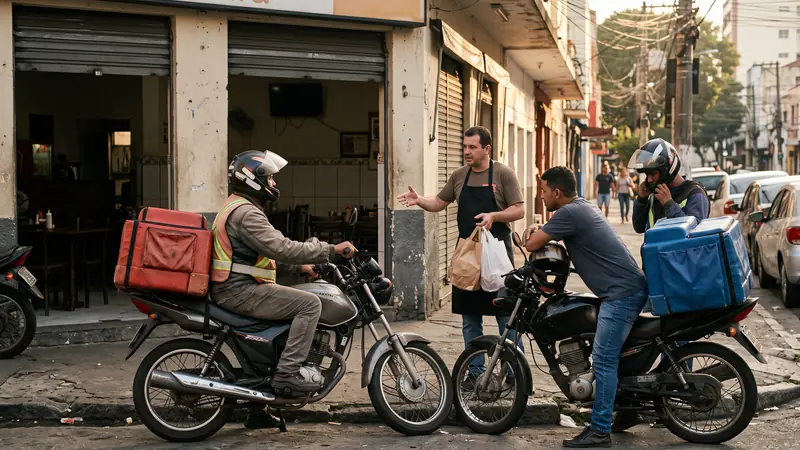 Gerente entregando pedidos aos entregadores próprios na frente do restaurante
