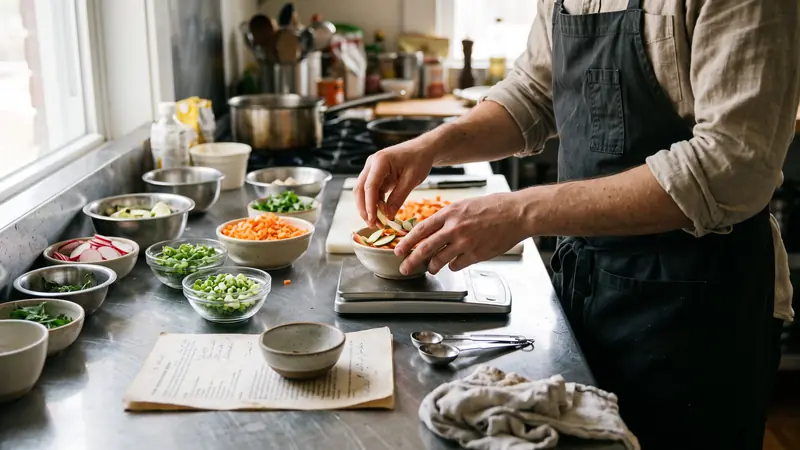 Chef porcionando ingredientes com balança e ficha técnica na bancada
