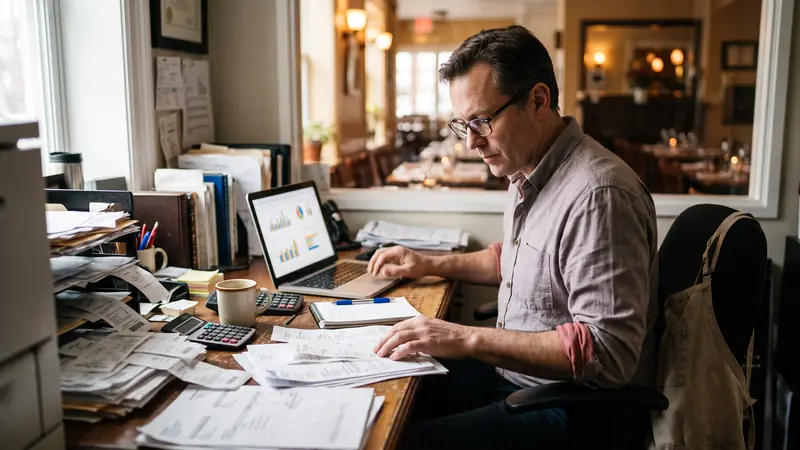 Dono de restaurante analisando contas e relatórios financeiros no escritório