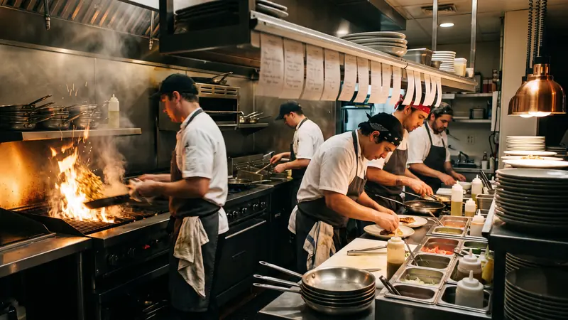 Cozinha de restaurante em horário de pico com cozinheiros em cada praça