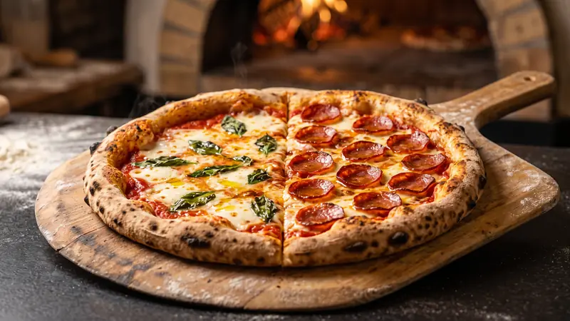 Pizza meio a meio, metade marguerita e metade calabresa, sobre a pá de madeira