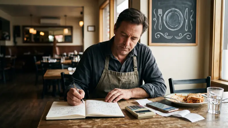 Dono de restaurante planejando promoção com calculadora e caderno de anotações