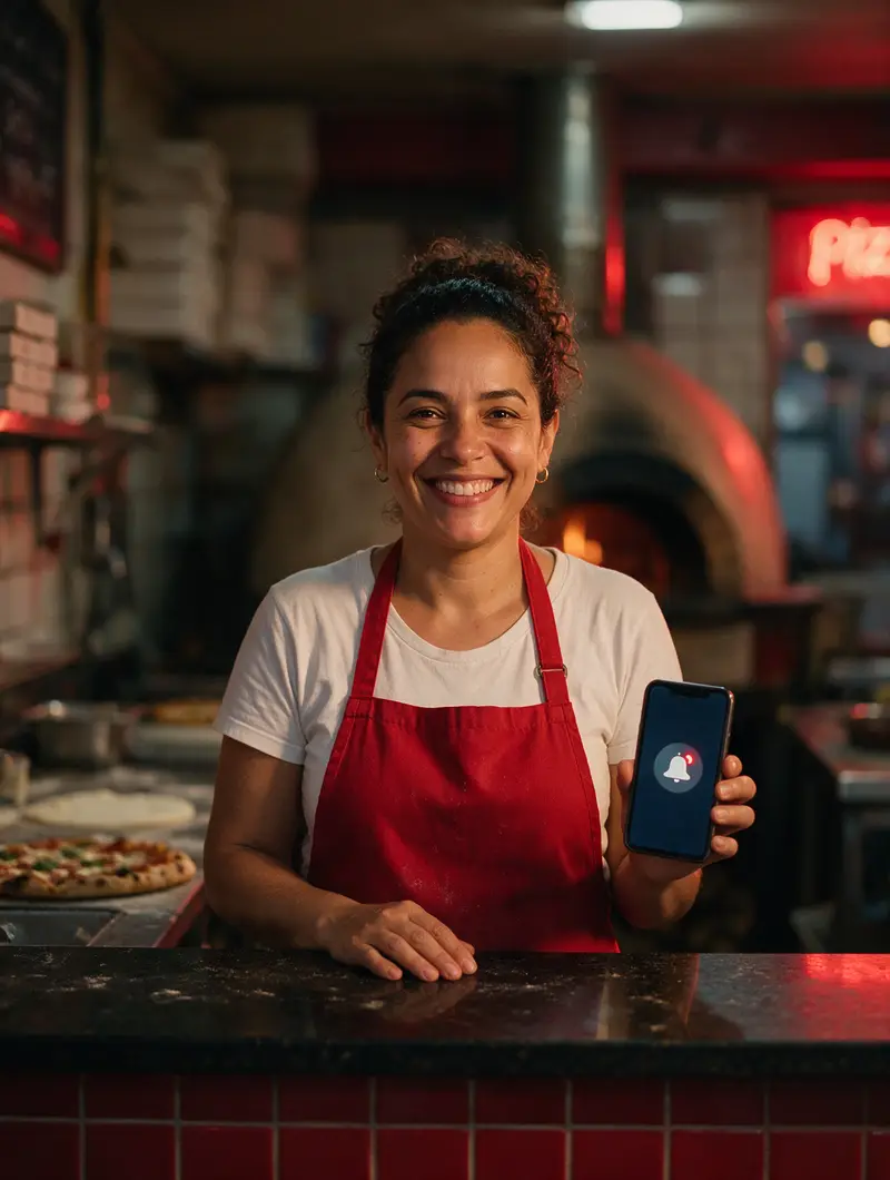 Dona de pizzaria sorridente, de avental vermelho, mostra no celular o aviso de pedido novo.