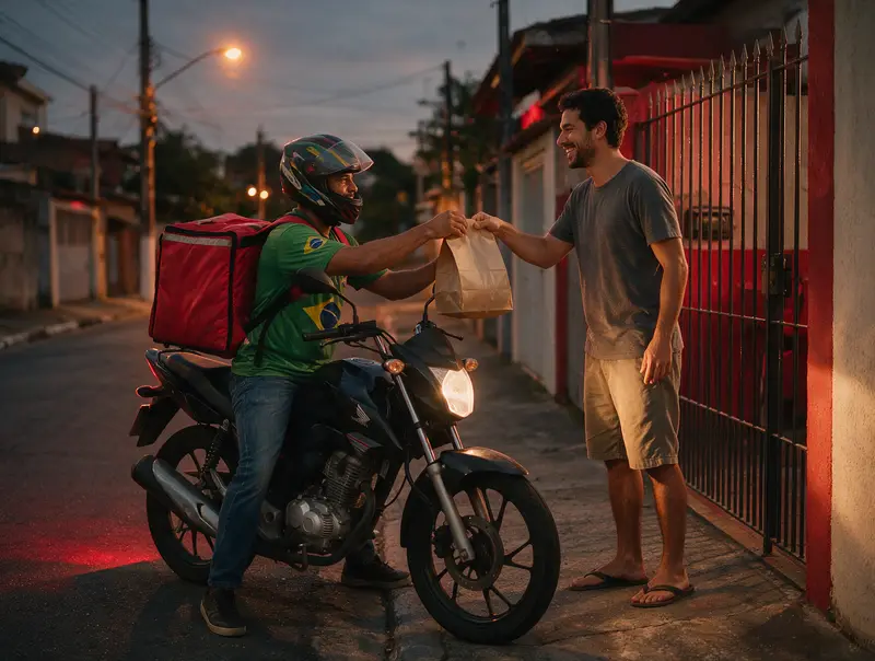 Entregador de moto com bag térmica vermelha entrega um pedido em sacola de papel a um cliente no portão de casa, ao anoitecer.