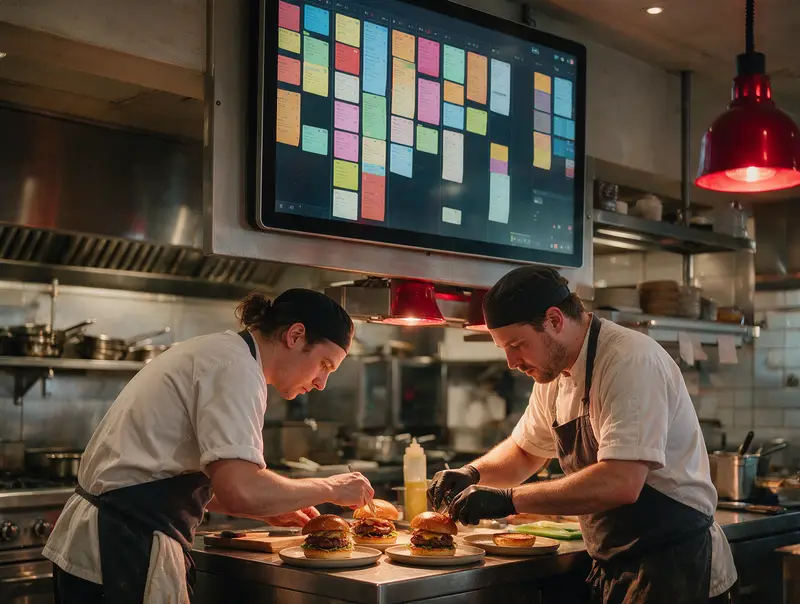 Dois cozinheiros montam hambúrgueres na chapa enquanto acompanham os pedidos numa tela de cozinha presa à parede.